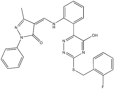 4-[(2-{3-[(2-fluorobenzyl)sulfanyl]-5-hydroxy-1,2,4-triazin-6-yl}anilino)methylene]-5-methyl-2-phenyl-2,4-dihydro-3H-pyrazol-3-one Structure