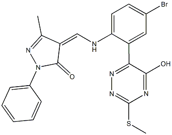 4-({4-bromo-2-[5-hydroxy-3-(methylsulfanyl)-1,2,4-triazin-6-yl]anilino}methylene)-5-methyl-2-phenyl-2,4-dihydro-3H-pyrazol-3-one,354783-48-5,结构式