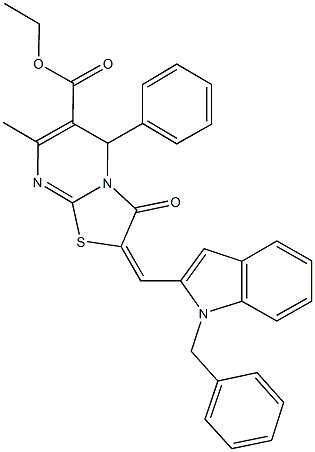 ethyl 2-[(1-benzyl-1H-indol-2-yl)methylene]-7-methyl-3-oxo-5-phenyl-2,3-dihydro-5H-[1,3]thiazolo[3,2-a]pyrimidine-6-carboxylate 化学構造式
