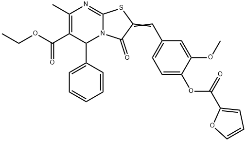 ethyl 2-[4-(2-furoyloxy)-3-methoxybenzylidene]-7-methyl-3-oxo-5-phenyl-2,3-dihydro-5H-[1,3]thiazolo[3,2-a]pyrimidine-6-carboxylate Struktur