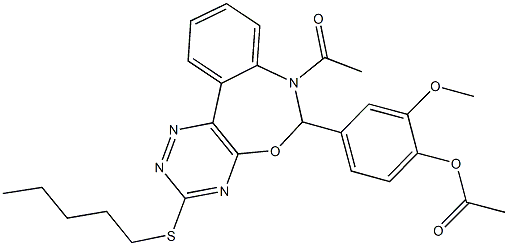 4-[7-acetyl-3-(pentylsulfanyl)-6,7-dihydro[1,2,4]triazino[5,6-d][3,1]benzoxazepin-6-yl]-2-methoxyphenyl acetate 化学構造式