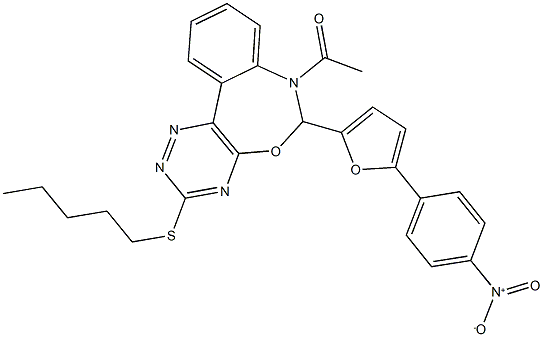 7-acetyl-6-(5-{4-nitrophenyl}-2-furyl)-3-(pentylsulfanyl)-6,7-dihydro[1,2,4]triazino[5,6-d][3,1]benzoxazepine 化学構造式