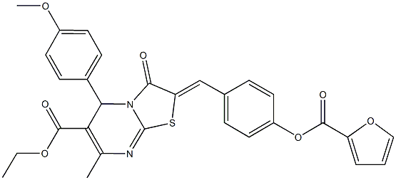 ethyl 2-[4-(2-furoyloxy)benzylidene]-5-(4-methoxyphenyl)-7-methyl-3-oxo-2,3-dihydro-5H-[1,3]thiazolo[3,2-a]pyrimidine-6-carboxylate 化学構造式