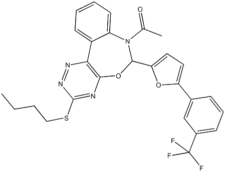 7-acetyl-3-(butylsulfanyl)-6-{5-[3-(trifluoromethyl)phenyl]-2-furyl}-6,7-dihydro[1,2,4]triazino[5,6-d][3,1]benzoxazepine Structure