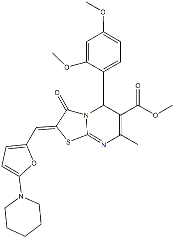 methyl 5-(2,4-dimethoxyphenyl)-7-methyl-3-oxo-2-{[5-(1-piperidinyl)-2-furyl]methylene}-2,3-dihydro-5H-[1,3]thiazolo[3,2-a]pyrimidine-6-carboxylate Structure