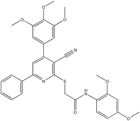 2-{[3-cyano-6-phenyl-4-(3,4,5-trimethoxyphenyl)-2-pyridinyl]sulfanyl}-N-(2,4-dimethoxyphenyl)acetamide Structure