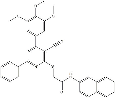 2-{[3-cyano-6-phenyl-4-(3,4,5-trimethoxyphenyl)-2-pyridinyl]sulfanyl}-N-(2-naphthyl)acetamide 结构式