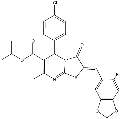 isopropyl 2-[(6-bromo-1,3-benzodioxol-5-yl)methylene]-5-(4-chlorophenyl)-7-methyl-3-oxo-2,3-dihydro-5H-[1,3]thiazolo[3,2-a]pyrimidine-6-carboxylate 化学構造式