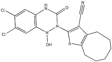 2-[6,7-dichloro-1-hydroxy-3-oxo-3,4-dihydro-1,2,4-benzotriazin-2(1H)-yl]-4,5,6,7,8,9-hexahydrocycloocta[b]thiophene-3-carbonitrile 化学構造式