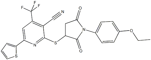 2-{[1-(4-ethoxyphenyl)-2,5-dioxo-3-pyrrolidinyl]sulfanyl}-6-(2-thienyl)-4-(trifluoromethyl)nicotinonitrile 化学構造式