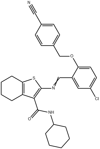 2-({5-chloro-2-[(4-cyanobenzyl)oxy]benzylidene}amino)-N-cyclohexyl-4,5,6,7-tetrahydro-1-benzothiophene-3-carboxamide,354789-75-6,结构式