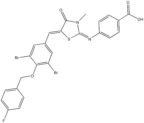 4-[(5-{3,5-dibromo-4-[(4-fluorobenzyl)oxy]benzylidene}-3-methyl-4-oxo-1,3-thiazolidin-2-ylidene)amino]benzoic acid 化学構造式