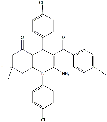 2-amino-1,4-bis(4-chlorophenyl)-7,7-dimethyl-3-(4-methylbenzoyl)-4,6,7,8-tetrahydro-5(1H)-quinolinone Struktur