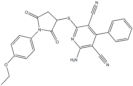 2-amino-6-{[1-(4-ethoxyphenyl)-2,5-dioxo-3-pyrrolidinyl]sulfanyl}-4-phenyl-3,5-pyridinedicarbonitrile Struktur