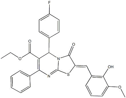 ethyl 5-(4-fluorophenyl)-2-(2-hydroxy-3-methoxybenzylidene)-3-oxo-7-phenyl-2,3-dihydro-5H-[1,3]thiazolo[3,2-a]pyrimidine-6-carboxylate 化学構造式