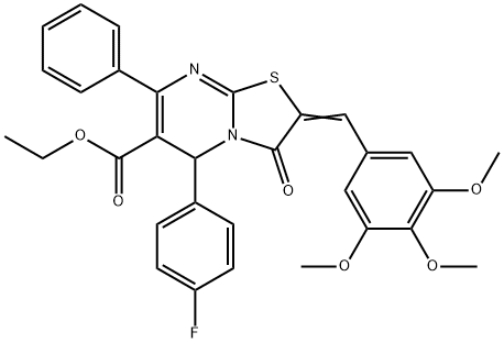 ethyl 5-(4-fluorophenyl)-3-oxo-7-phenyl-2-(3,4,5-trimethoxybenzylidene)-2,3-dihydro-5H-[1,3]thiazolo[3,2-a]pyrimidine-6-carboxylate 化学構造式