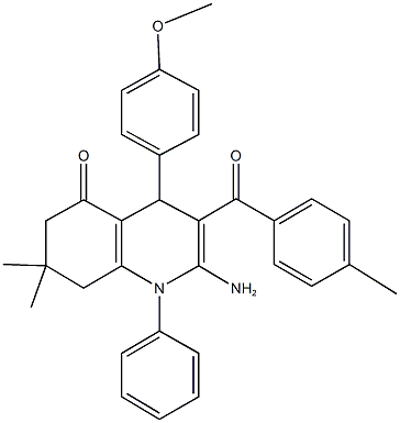 2-amino-4-(4-methoxyphenyl)-7,7-dimethyl-3-(4-methylbenzoyl)-1-phenyl-4,6,7,8-tetrahydro-5(1H)-quinolinone 化学構造式