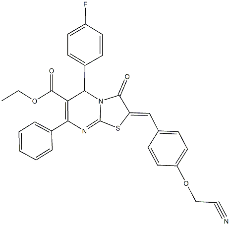 ethyl 2-[4-(cyanomethoxy)benzylidene]-5-(4-fluorophenyl)-3-oxo-7-phenyl-2,3-dihydro-5H-[1,3]thiazolo[3,2-a]pyrimidine-6-carboxylate Struktur