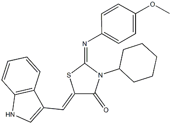 3-cyclohexyl-5-(1H-indol-3-ylmethylene)-2-[(4-methoxyphenyl)imino]-1,3-thiazolidin-4-one 结构式