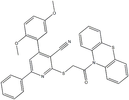4-(2,5-dimethoxyphenyl)-2-{[2-oxo-2-(10H-phenothiazin-10-yl)ethyl]sulfanyl}-6-phenylnicotinonitrile Struktur