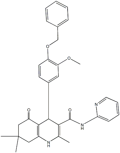 4-[4-(benzyloxy)-3-methoxyphenyl]-2,7,7-trimethyl-5-oxo-N-(2-pyridinyl)-1,4,5,6,7,8-hexahydro-3-quinolinecarboxamide 化学構造式