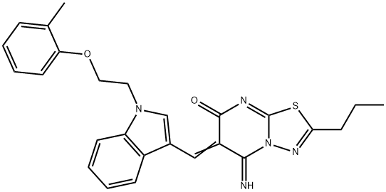 5-imino-6-({1-[2-(2-methylphenoxy)ethyl]-1H-indol-3-yl}methylene)-2-propyl-5,6-dihydro-7H-[1,3,4]thiadiazolo[3,2-a]pyrimidin-7-one Struktur