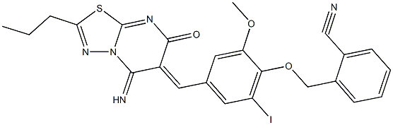 2-({4-[(5-imino-7-oxo-2-propyl-5H-[1,3,4]thiadiazolo[3,2-a]pyrimidin-6(7H)-ylidene)methyl]-2-iodo-6-methoxyphenoxy}methyl)benzonitrile 结构式