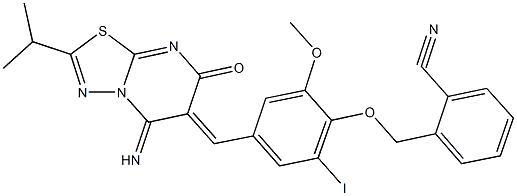 2-({4-[(5-imino-2-isopropyl-7-oxo-5H-[1,3,4]thiadiazolo[3,2-a]pyrimidin-6(7H)-ylidene)methyl]-2-iodo-6-methoxyphenoxy}methyl)benzonitrile 化学構造式