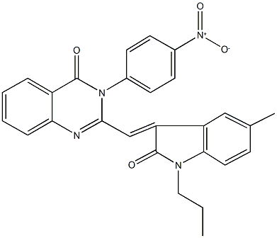 3-{4-nitrophenyl}-2-[(5-methyl-2-oxo-1-propyl-1,2-dihydro-3H-indol-3-ylidene)methyl]-4(3H)-quinazolinone Struktur