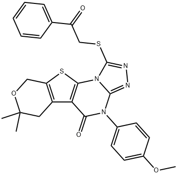 4-(4-methoxyphenyl)-7,7-dimethyl-1-[(2-oxo-2-phenylethyl)sulfanyl]-6,9-dihydro-7H-pyrano[4',3':4,5]thieno[3,2-e][1,2,4]triazolo[4,3-a]pyrimidin-5(4H)-one Structure