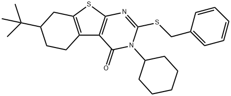 2-(benzylsulfanyl)-7-tert-butyl-3-cyclohexyl-5,6,7,8-tetrahydro[1]benzothieno[2,3-d]pyrimidin-4(3H)-one 化学構造式