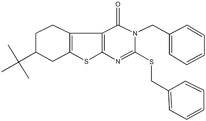 3-benzyl-2-(benzylsulfanyl)-7-tert-butyl-5,6,7,8-tetrahydro[1]benzothieno[2,3-d]pyrimidin-4(3H)-one,354992-65-7,结构式
