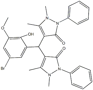 4-[(5-bromo-2-hydroxy-3-methoxyphenyl)(1,5-dimethyl-3-oxo-2-phenyl-2,3-dihydro-1H-pyrazol-4-yl)methyl]-1,5-dimethyl-2-phenyl-1,2-dihydro-3H-pyrazol-3-one Struktur