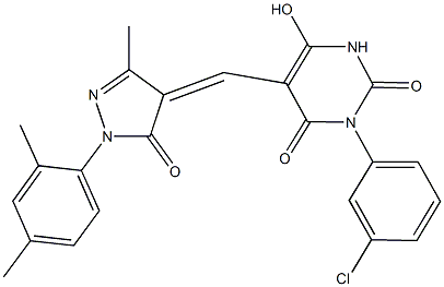 3-(3-chlorophenyl)-5-{[1-(2,4-dimethylphenyl)-3-methyl-5-oxo-1,5-dihydro-4H-pyrazol-4-ylidene]methyl}-6-hydroxy-2,4(1H,3H)-pyrimidinedione,354996-24-0,结构式