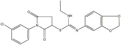 1-(3-chlorophenyl)-2,5-dioxo-3-pyrrolidinyl N'-(1,3-benzodioxol-5-yl)-N-ethylimidothiocarbamate Structure