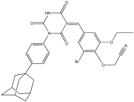 2-(4-{[1-[4-(1-adamantyl)phenyl]-2,4,6-trioxotetrahydro-5(2H)-pyrimidinylidene]methyl}-2-bromo-6-ethoxyphenoxy)acetonitrile Struktur