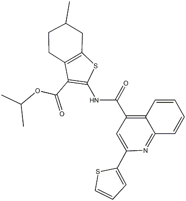 isopropyl 6-methyl-2-({[2-(2-thienyl)-4-quinolinyl]carbonyl}amino)-4,5,6,7-tetrahydro-1-benzothiophene-3-carboxylate Struktur