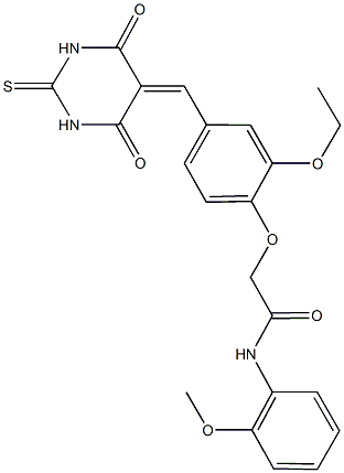 2-{4-[(4,6-dioxo-2-thioxotetrahydro-5(2H)-pyrimidinylidene)methyl]-2-ethoxyphenoxy}-N-(2-methoxyphenyl)acetamide Struktur