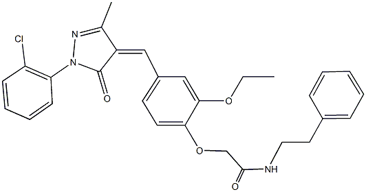 2-(4-{[1-(2-chlorophenyl)-3-methyl-5-oxo-1,5-dihydro-4H-pyrazol-4-ylidene]methyl}-2-ethoxyphenoxy)-N-(2-phenylethyl)acetamide 化学構造式