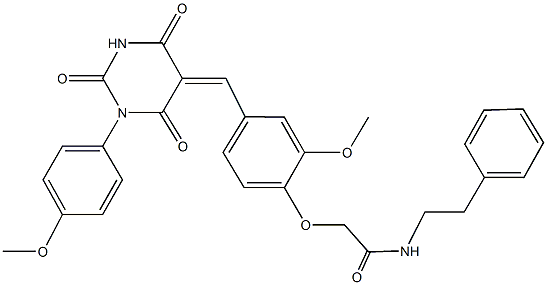 2-{2-methoxy-4-[(1-(4-methoxyphenyl)-2,4,6-trioxotetrahydro-5(2H)-pyrimidinylidene)methyl]phenoxy}-N-(2-phenylethyl)acetamide Structure