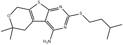 2-(isopentylsulfanyl)-6,6-dimethyl-5,8-dihydro-6H-pyrano[4',3':4,5]thieno[2,3-d]pyrimidin-4-amine Struktur