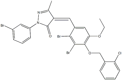 2-(3-bromophenyl)-4-{2,3-dibromo-4-[(2-chlorobenzyl)oxy]-5-ethoxybenzylidene}-5-methyl-2,4-dihydro-3H-pyrazol-3-one 化学構造式