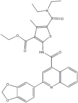 ethyl 2-({[2-(1,3-benzodioxol-5-yl)-4-quinolinyl]carbonyl}amino)-5-[(diethylamino)carbonyl]-4-methyl-3-thiophenecarboxylate Struktur