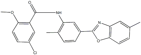 5-chloro-2-methoxy-N-[2-methyl-5-(5-methyl-1,3-benzoxazol-2-yl)phenyl]benzamide 结构式