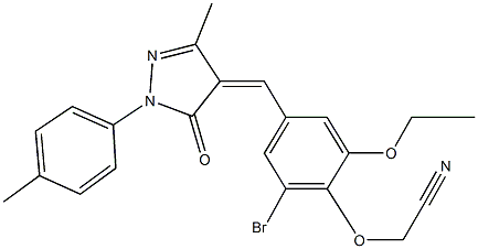 2-(2-bromo-6-ethoxy-4-{[3-methyl-1-(4-methylphenyl)-5-oxo-1,5-dihydro-4H-pyrazol-4-ylidene]methyl}phenoxy)acetonitrile 化学構造式
