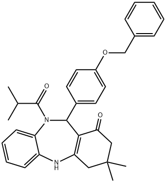11-[4-(benzyloxy)phenyl]-10-isobutyryl-3,3-dimethyl-2,3,4,5,10,11-hexahydro-1H-dibenzo[b,e][1,4]diazepin-1-one 结构式
