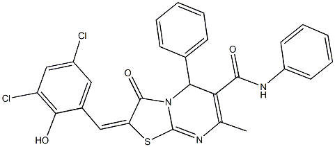 2-(3,5-dichloro-2-hydroxybenzylidene)-7-methyl-3-oxo-N,5-diphenyl-2,3-dihydro-5H-[1,3]thiazolo[3,2-a]pyrimidine-6-carboxamide 化学構造式