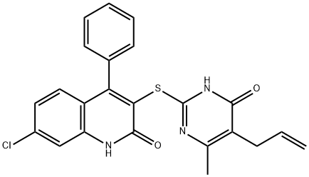 5-allyl-2-[(7-chloro-2-hydroxy-4-phenyl-3-quinolinyl)sulfanyl]-6-methyl-4(3H)-pyrimidinone Struktur