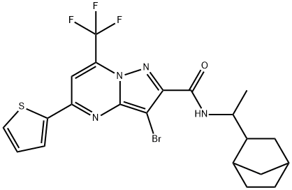 N-(1-bicyclo[2.2.1]hept-2-ylethyl)-3-bromo-5-(2-thienyl)-7-(trifluoromethyl)pyrazolo[1,5-a]pyrimidine-2-carboxamide Struktur