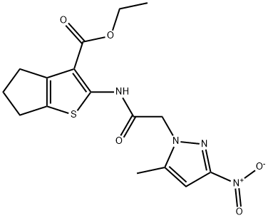 ethyl 2-[({3-nitro-5-methyl-1H-pyrazol-1-yl}acetyl)amino]-5,6-dihydro-4H-cyclopenta[b]thiophene-3-carboxylate 结构式